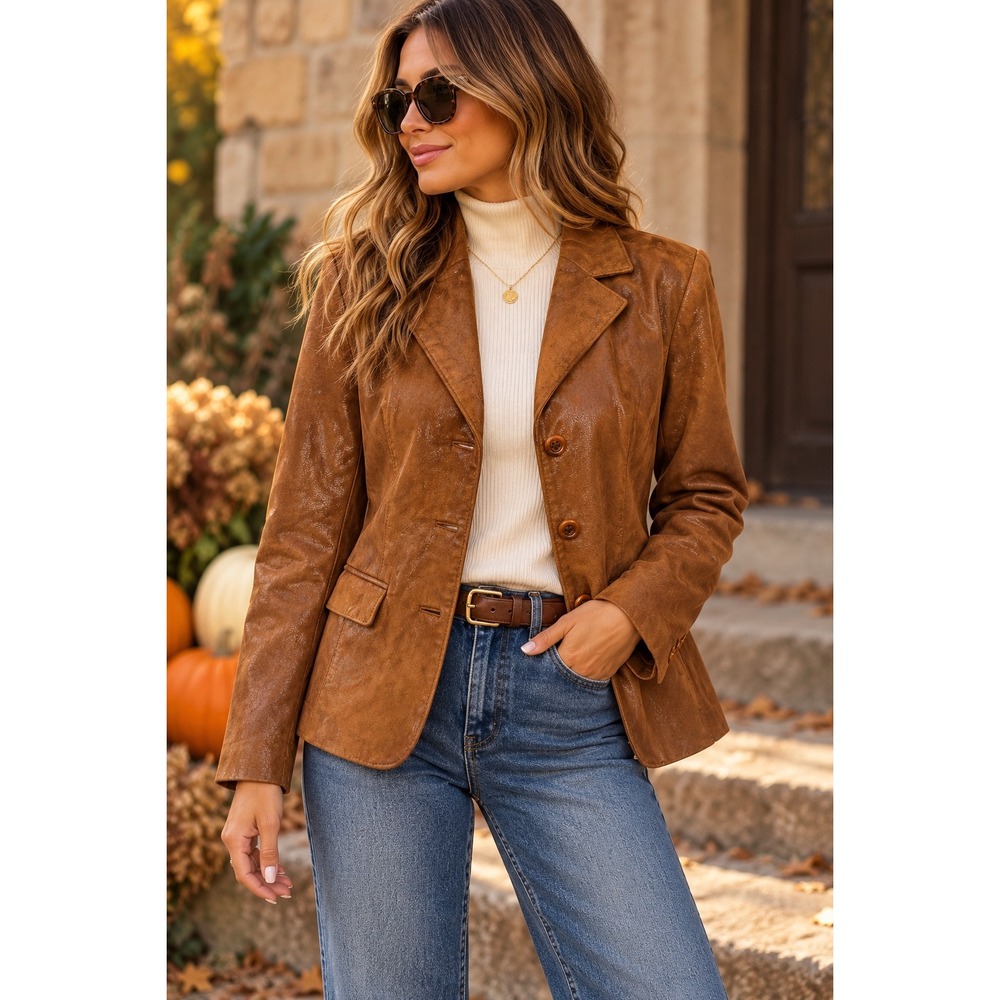 Chic Western Suede Leather Blazer Cognac Brown Jacket Retro Boho Ranch Sz L